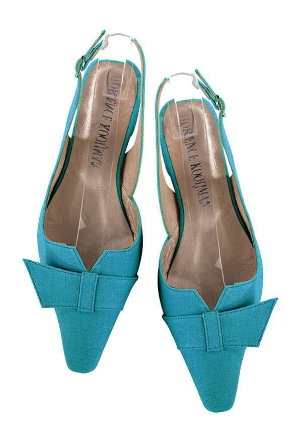 Turquoise blue women's open back shoes, with a knot. Tapered toe. Low block heels. Top view - Florence KOOIJMAN